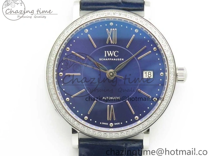 MIROTIME 1224 Fashionable Portofino IW458101 Diamond Bezel SS MK 1:1 Best Edition Blue Dial On Blue Leather Strap MIYOTA 7169